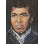 Two male portraits, oil on canvas, one possibly Muhammad Ali, 40 x 30cm, the other 40 x 30cm (2 in