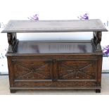 18th century style carved oak monk's bench, H73 x W107 x D46cm