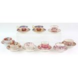 Nine pink lustre cups and saucers, including two with shepherd and shepherdess transfer print and