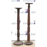 Two mahogany torcheres with turned and carved decoration, Twisted stem torchere - repaired break