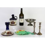 Collection of glassware, Mathmos lava lamps, French and German pewter, bottle of Taylors port, and