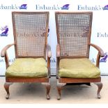 Pair of high back mahogany armchairs, with caned backrests on cabriole legs
