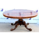 Late 19th century rosewood oval breakfast table, on turned support and scroll carved splayed legs
