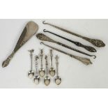 Set of six Italian 800 grade silver spoons with variety of terminals and five silver button hooks