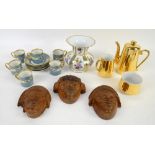 Mixed selection of decorative items including 8 carved African heads, a Bavarian coffee set,