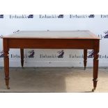 19th century mahogany library table, with inset tooled leather writing surface above two drawers