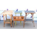 Bamboo and rattan table, H72 x W76 x D56cm, together with a bamboo wall shelf, a bamboo side table