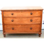 Victorian mahogany chest of three graduated drawers on turned feet, H90 x W124 x D52cm Numerous