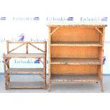 Bamboo open bookshelf, with rattan top and shelves, on splayed feet, H105 x W87 x D36cm, together