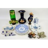 A selection of glass and ceramics to include a blue-ground Limoges vase with gilt decoration,