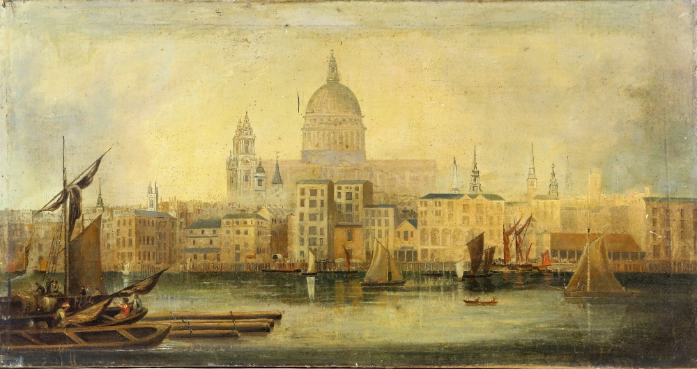 19th century oil on canvas, St Pauls Cathedral from the Thames, unsigned, 45 x 85cm Cut and relined,