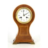 Early 20th century inlaid mahogany balloon shaped mantle clock, enamel dial with Roman numerals