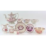 Pink lustre teapot with naïve decoration of a house and gardens, H 20cm, a similarly decorated bowl,