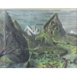 Naive landscape with church and Donkey to the foreground, oil on paper, appears unsigned 42cm x 56cm