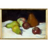Still life of fruit signed Czok, print by J.M.Perrryman, painting of a Maltese dog, unsigned, and