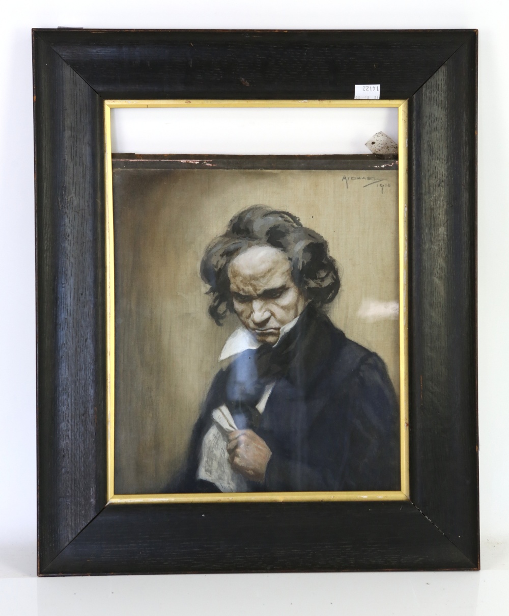 Watercolour of Beethoven, signed 'Michael' and dated 1910 top right, 40 x 30cm