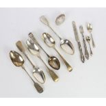 Selection of silver items, mainly spoons, to include Georgian serving spoons, knife and fork set,