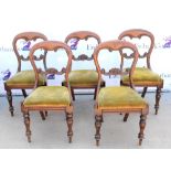 Five 19th century mahogany dining chairs, with C-scroll carved back splats and drop-in seats on