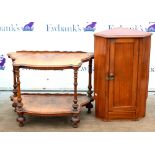 20th century inlaid walnut two tier whatnot, together with a mahogany wall hanging corner cabinet (