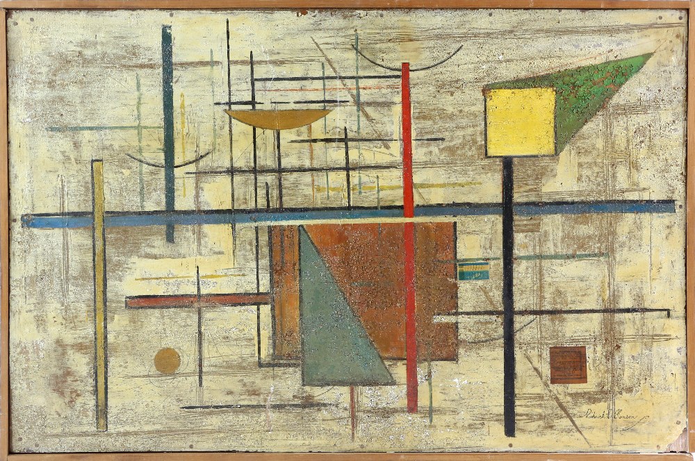 Abstract artwork signed Roderick E. Henson, and dated 1960 verso, 55 x 85cm - Image 2 of 4