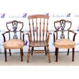 19th Century ash Windsor armchair with caned back together with a pair of mahogany dining chairs,