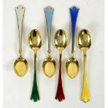 Cased set of six rainbow enamel Norwegian sterling silver teaspoons with a gilt finish by Theodor
