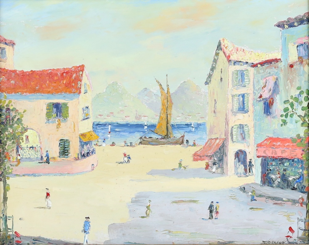 'Puerto del Sol' seaside town scene, oil on canvas, signed indistinctly I.R.Evan, titled verso, 39 x - Image 4 of 4