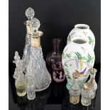 Large group of mixed items including two white-metal mounted decanters, various dressing table