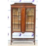Early 20th century mahogany glazed display cabinet, with floral marquetry inlaid to centre flanked