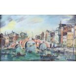 Venetian scene in pastel, 30 x 48cm, and an abstract oil on board, 44 x 90cm, both unsigned (2 in