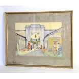 Oil painting of rain over a landscape, signed indistinctly, Watercolour of figures by an archway,