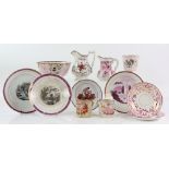 Collection of pink lustre ware including a plate with transfer of mother and child, another with