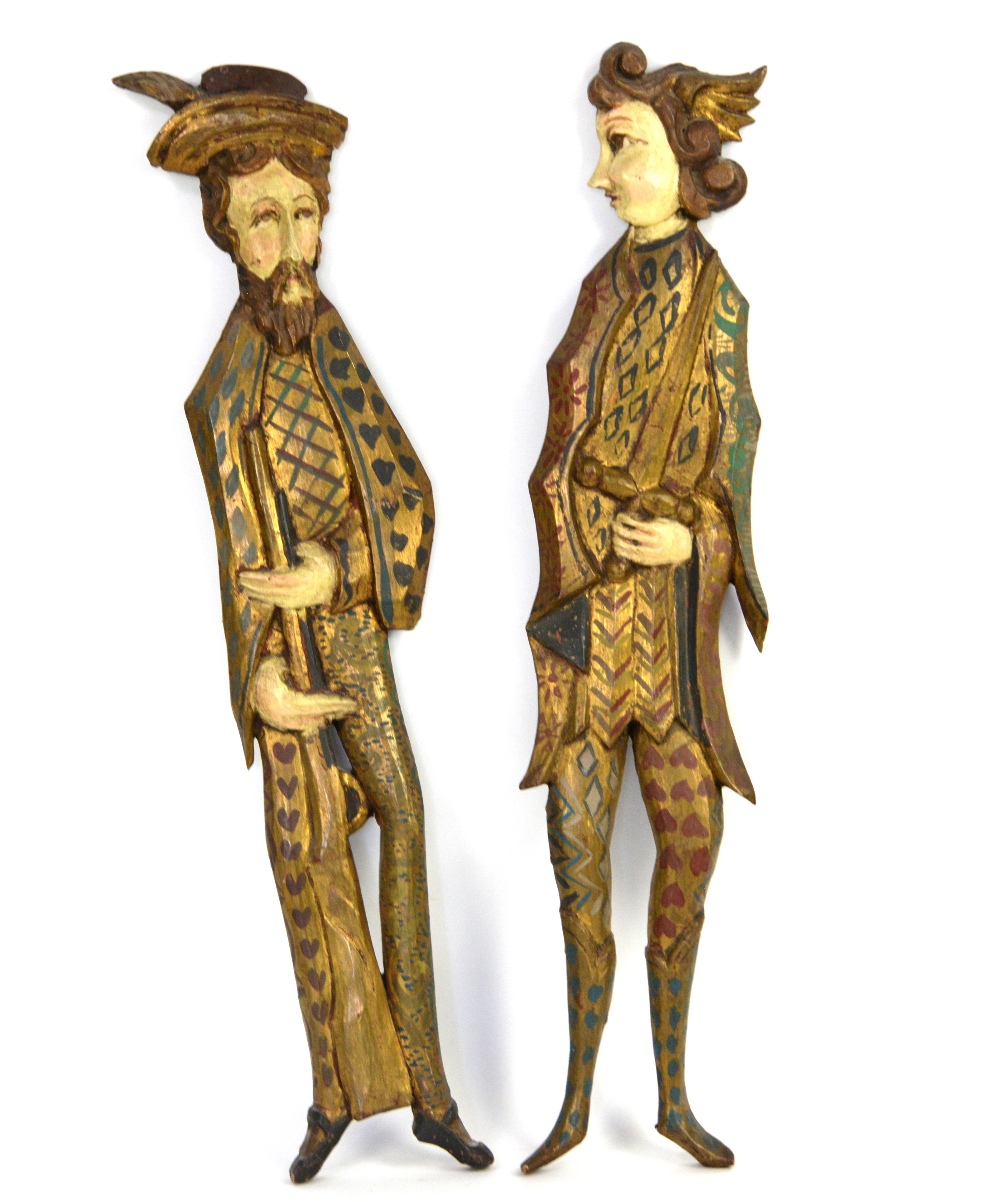 Two 15th/16th Century style carved wooden wall mounting figures Report given on dimensions