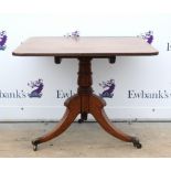 19th century mahogany tilt top breakfast table, on turned support to splayed legs and castors, H71 x