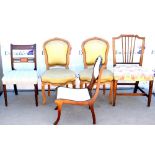 A pair of 20th Century French dining chairs with cabriole legs and 3 other single chairs.