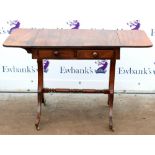 19th century style mahogany sofa table, with two drawers on splayed legs and castors, H73 x W60 x