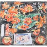 Contemporary watercolour still life of red flowers and apples on a black ground, unsigned, in gilded