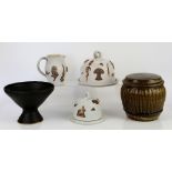 Mike Dodd pot with cover, Martin Homer harvester pottery cheese dish, butter dish and jug, and a