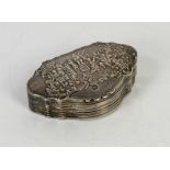 Silver snuff box with pictorial embossed base and top, both rural scene, one based around a river