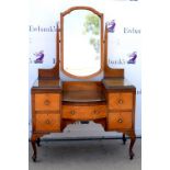 20th century inlaid mahogany dressing table, the central mirror with bevelled glass plate, with