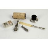 Five silver desk top items, sterling silver blotter roller, silver pen brush, Birmingham 1920,