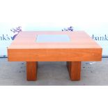 20th century beechwood low coffee table inset with square glass panel to centre, H34 x W70 x D70cm