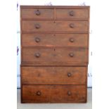 Late 19th century mahogany veneered chest on chest, with two short and three long graduating drawers
