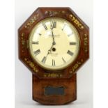 19th century drop dial wall clock, the painted dial with Roman numerals and outer minute track