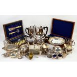 Selection of silver plate to include tea service, hot water pot, bottle coaster, various cased