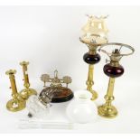 Pair of Victorian brass stemmed oil lamps with ruby glass well, h35cm, and a pair of brass