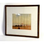 Victorian watercolour of figures on a beach with a pier to the background, unsigned, 17 x 23cm