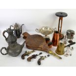 Selection of metal ware including a bottle holder, tazza, taper sticks, a pair of bellows, etc.