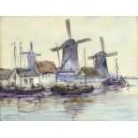 Willem Cornelius Rip (Dutch, 1856-1922), 'Three Windmills', watercolour and body colour, signed,