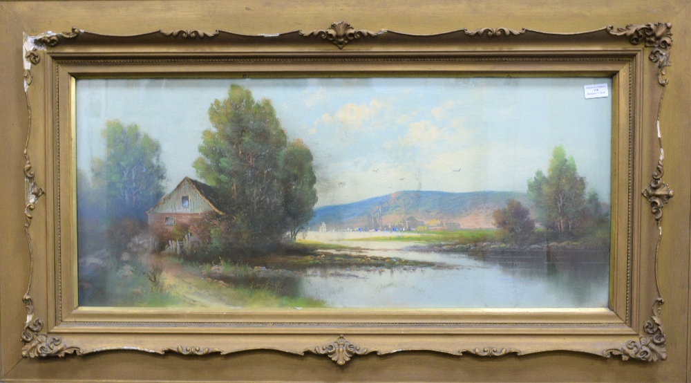 Pastel landscape of a barn beside a lake, signed indistinctly lower left, framed